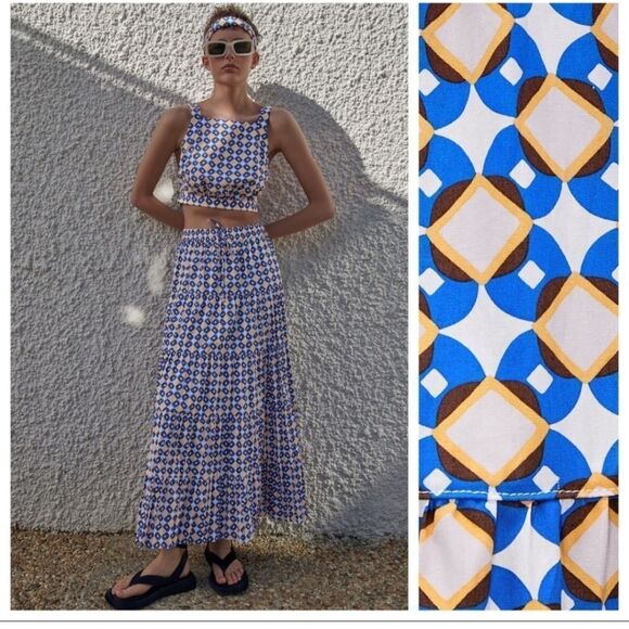 Zara floral maxi skirt cotton tiered geometric print bohemian - Picture 1 of 15